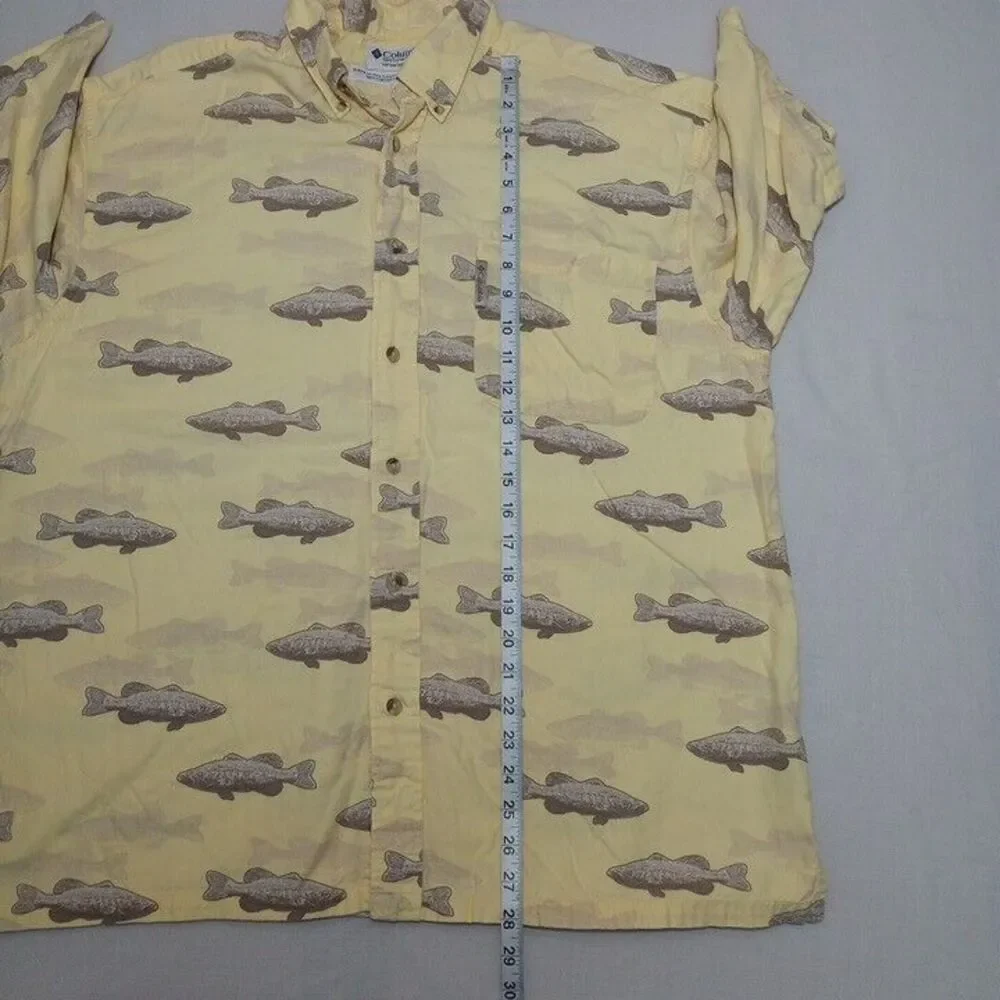 Columbia Men's Large Shirt Yellow Button Up All Over‎ Fish Cotton Viscose